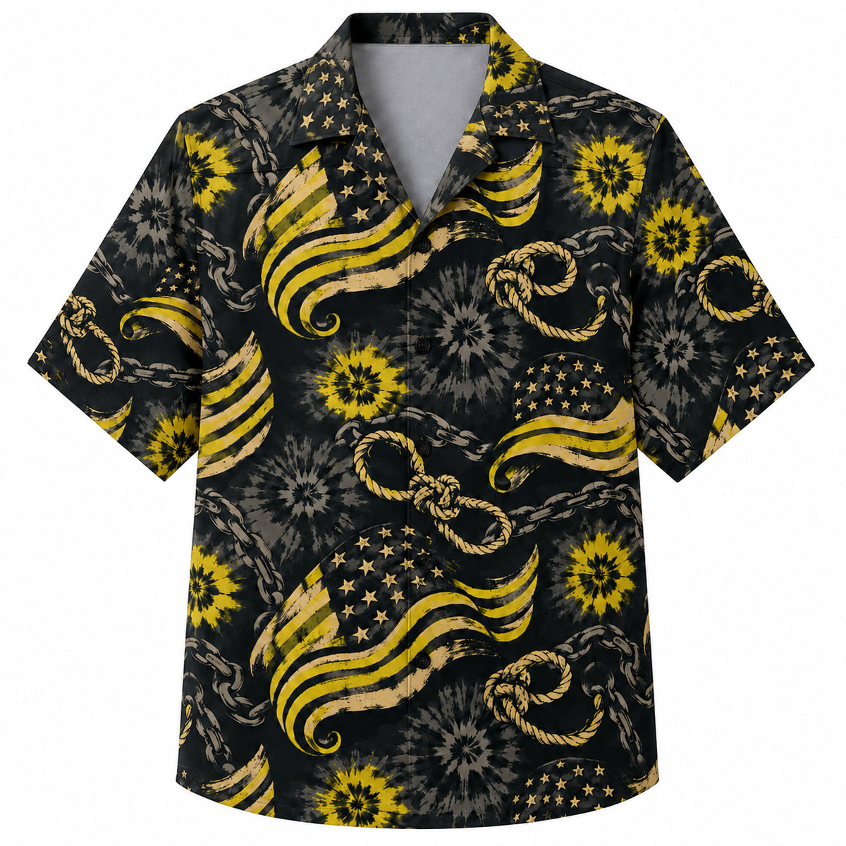Labor Day Hawaiian Shirt- Gold Flag and Sunburst Tie Dye Print in Black