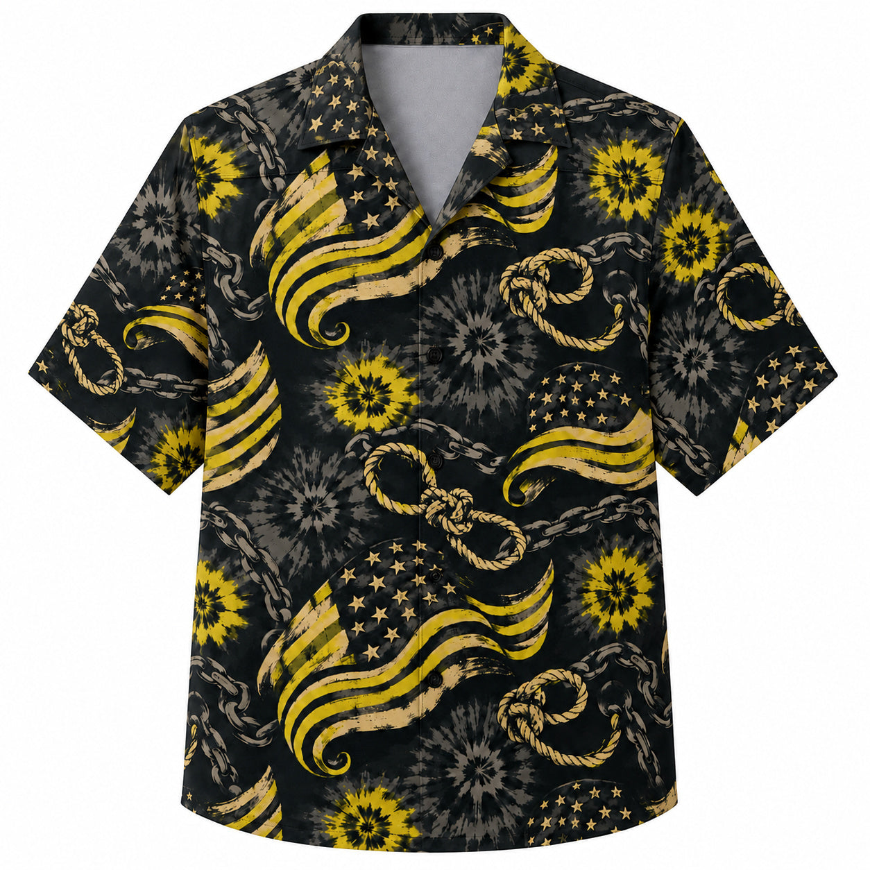 Labor Day Hawaiian Shirt- Gold Flag and Sunburst Tie Dye Print in Black