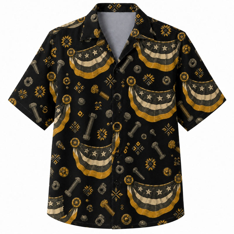 Labor Day Hawaiian Shirt- Golden Bunting and Bolt Print for the Weekend
