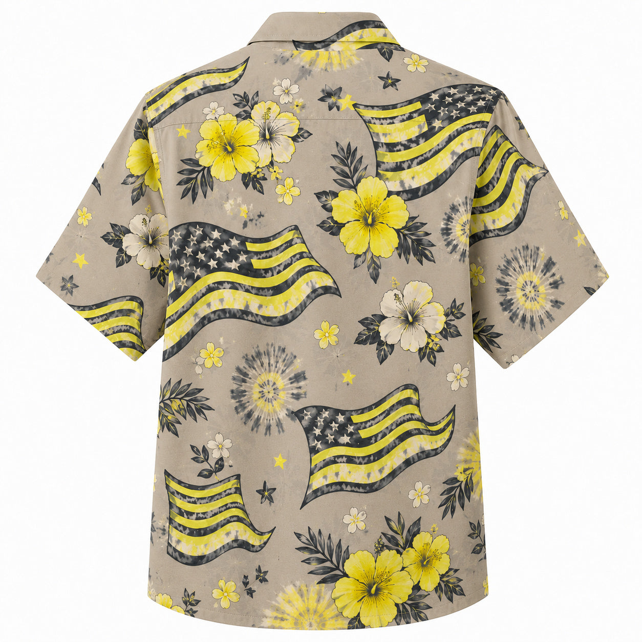 Labor Day Hawaiian Shirt- Golden Flag and Hibiscus Bloom Print in Sand
