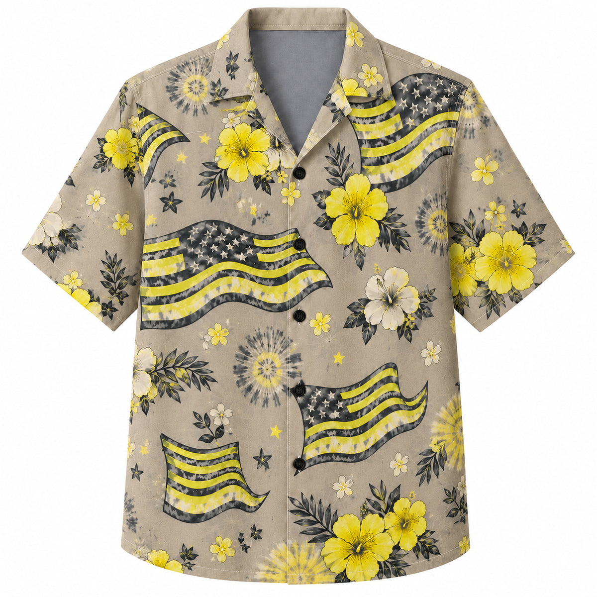 Labor Day Hawaiian Shirt- Golden Flag and Hibiscus Bloom Print in Sand