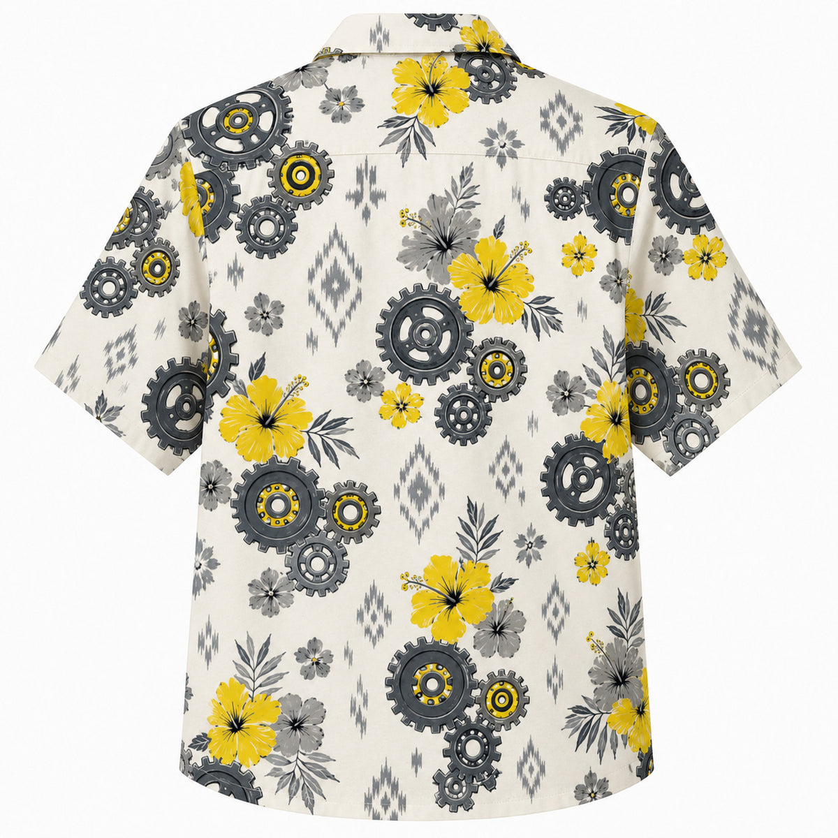 Labor Day Hawaiian Shirt- Golden Hibiscus and Iron Gear Bloom Print