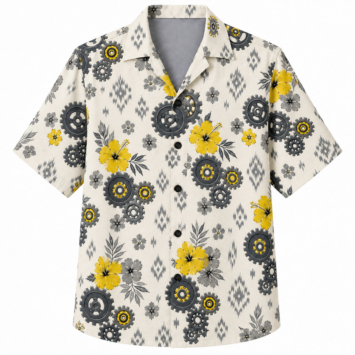 Labor Day Hawaiian Shirt- Golden Hibiscus and Iron Gear Bloom Print