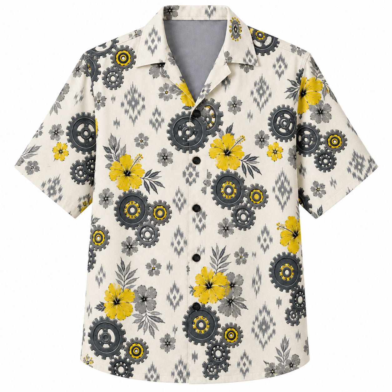 Labor Day Hawaiian Shirt- Golden Hibiscus and Iron Gear Bloom Print