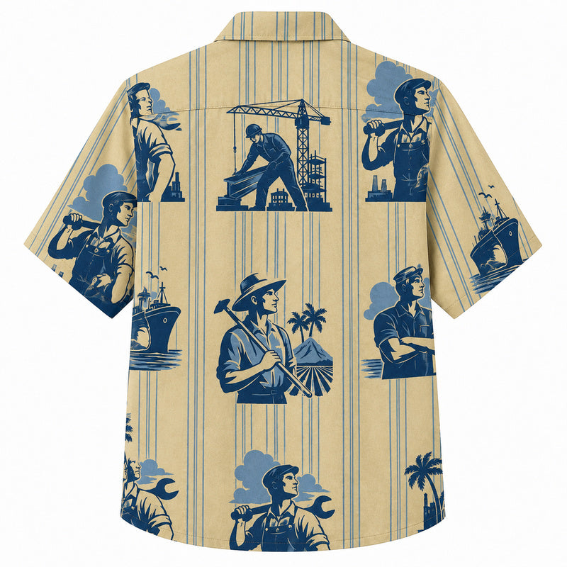 Labor Day Hawaiian Shirt- Golden Stripe Worker and Crane Print