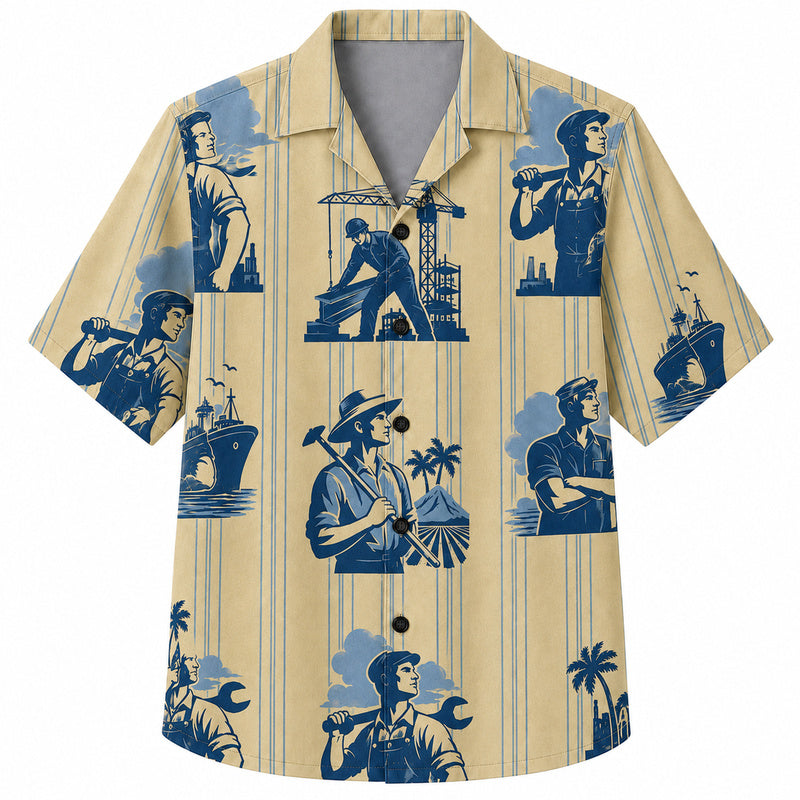 Labor Day Hawaiian Shirt- Golden Stripe Worker and Crane Print