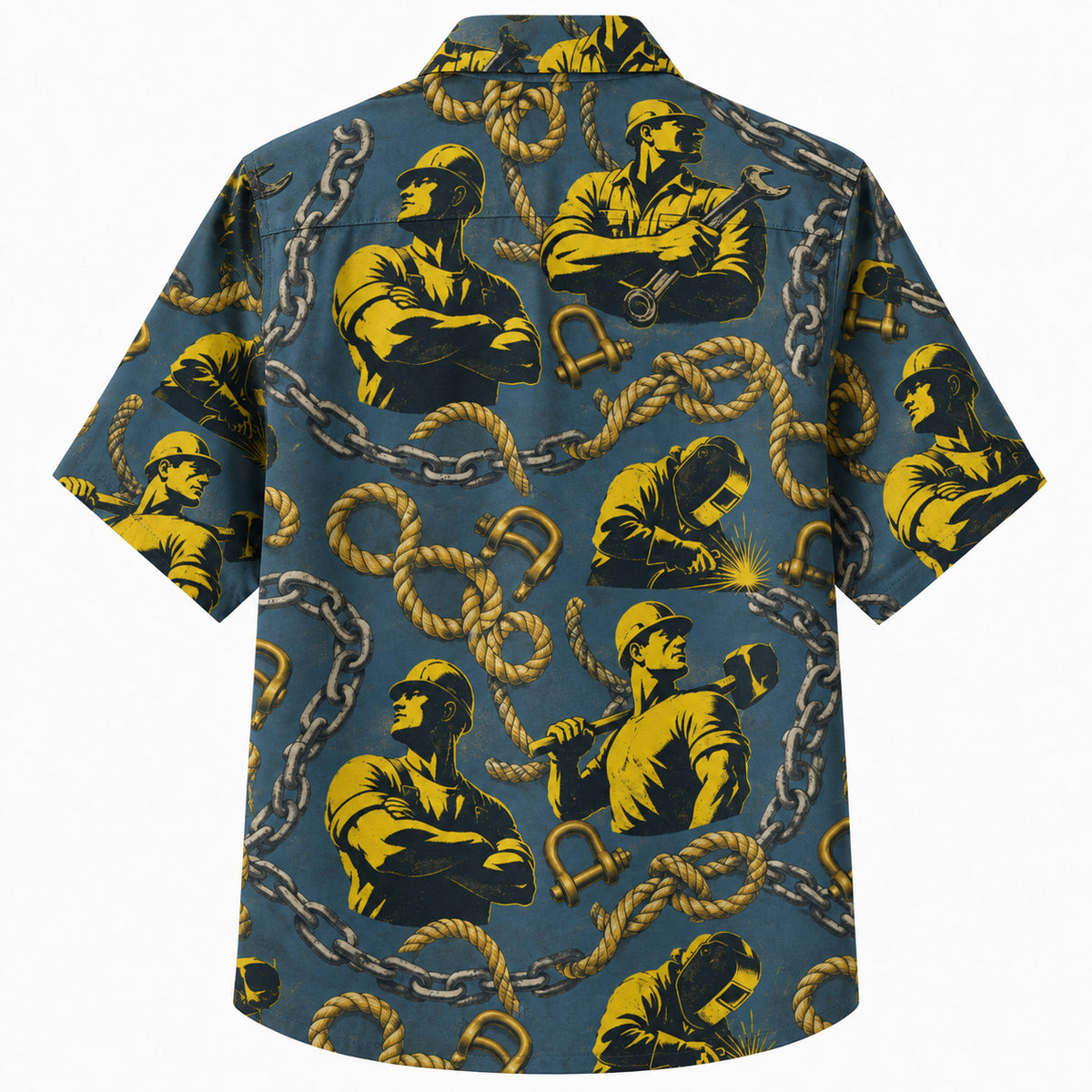 Labor Day Hawaiian Shirt- Golden Welder and Chain Link Print in Teal