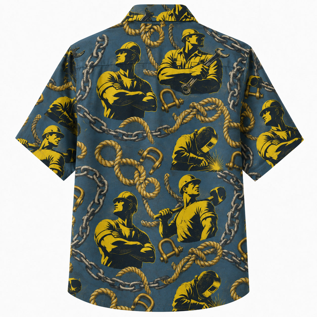 Labor Day Hawaiian Shirt- Golden Welder and Chain Link Print in Teal