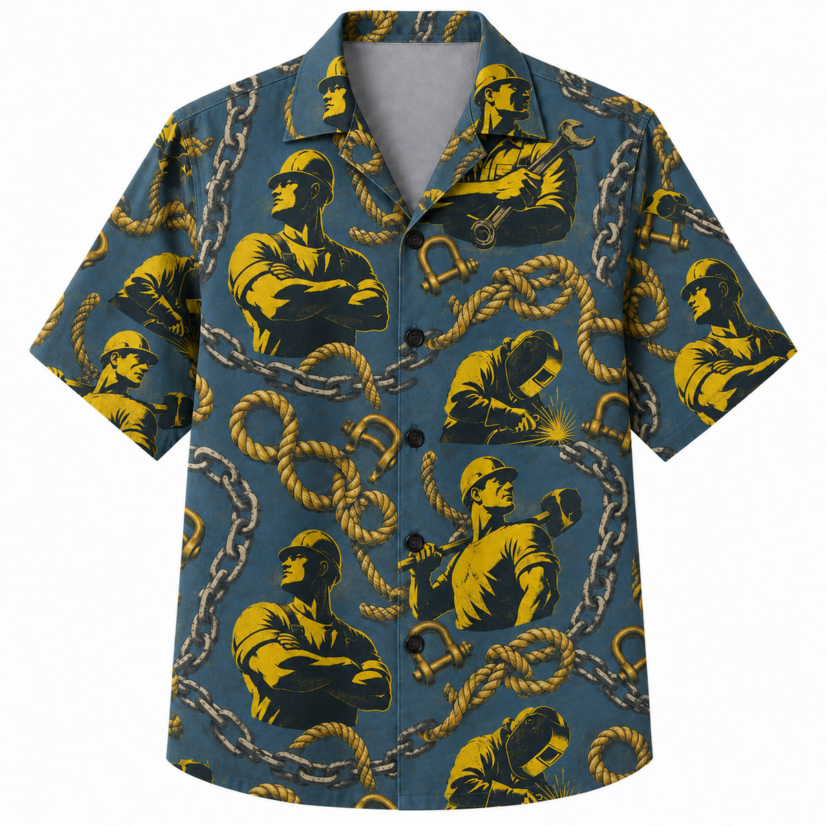 Labor Day Hawaiian Shirt- Golden Welder and Chain Link Print in Teal