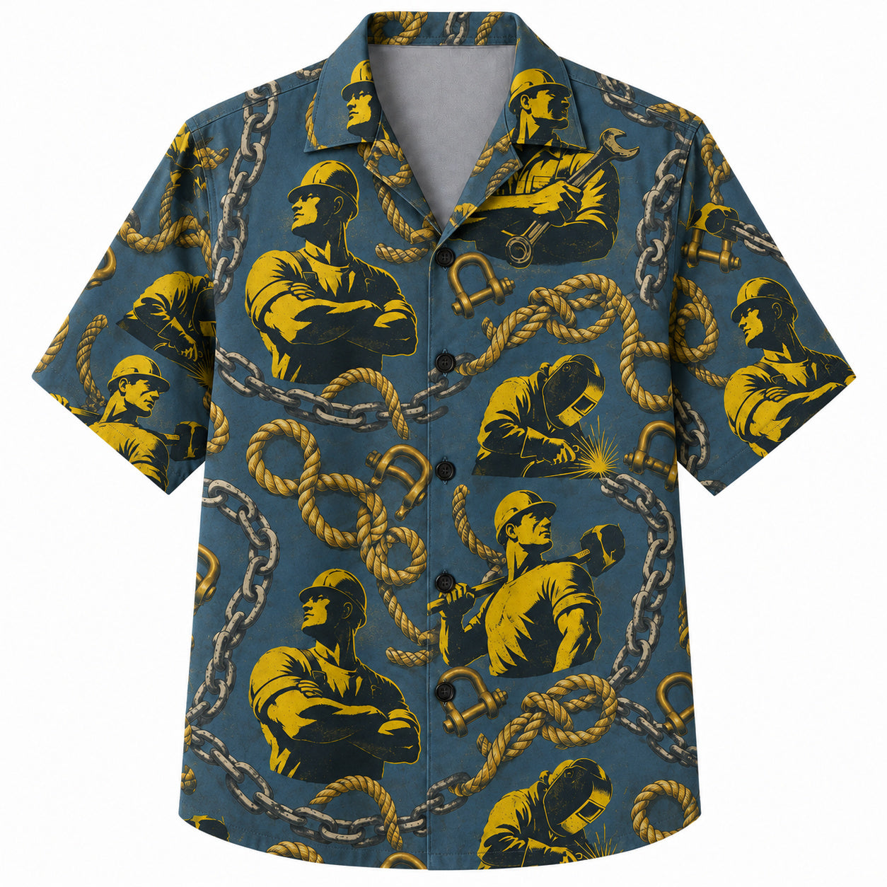 Labor Day Hawaiian Shirt- Golden Welder and Chain Link Print in Teal