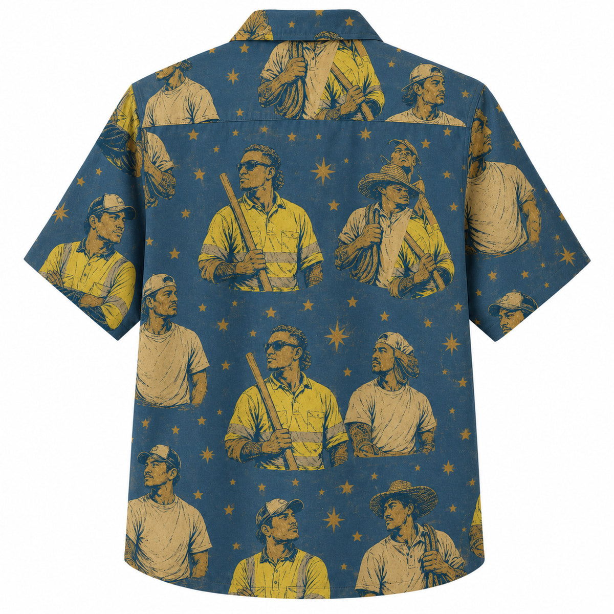 Labor Day Hawaiian Shirt- Golden Worker Portrait and Star Print in Blue