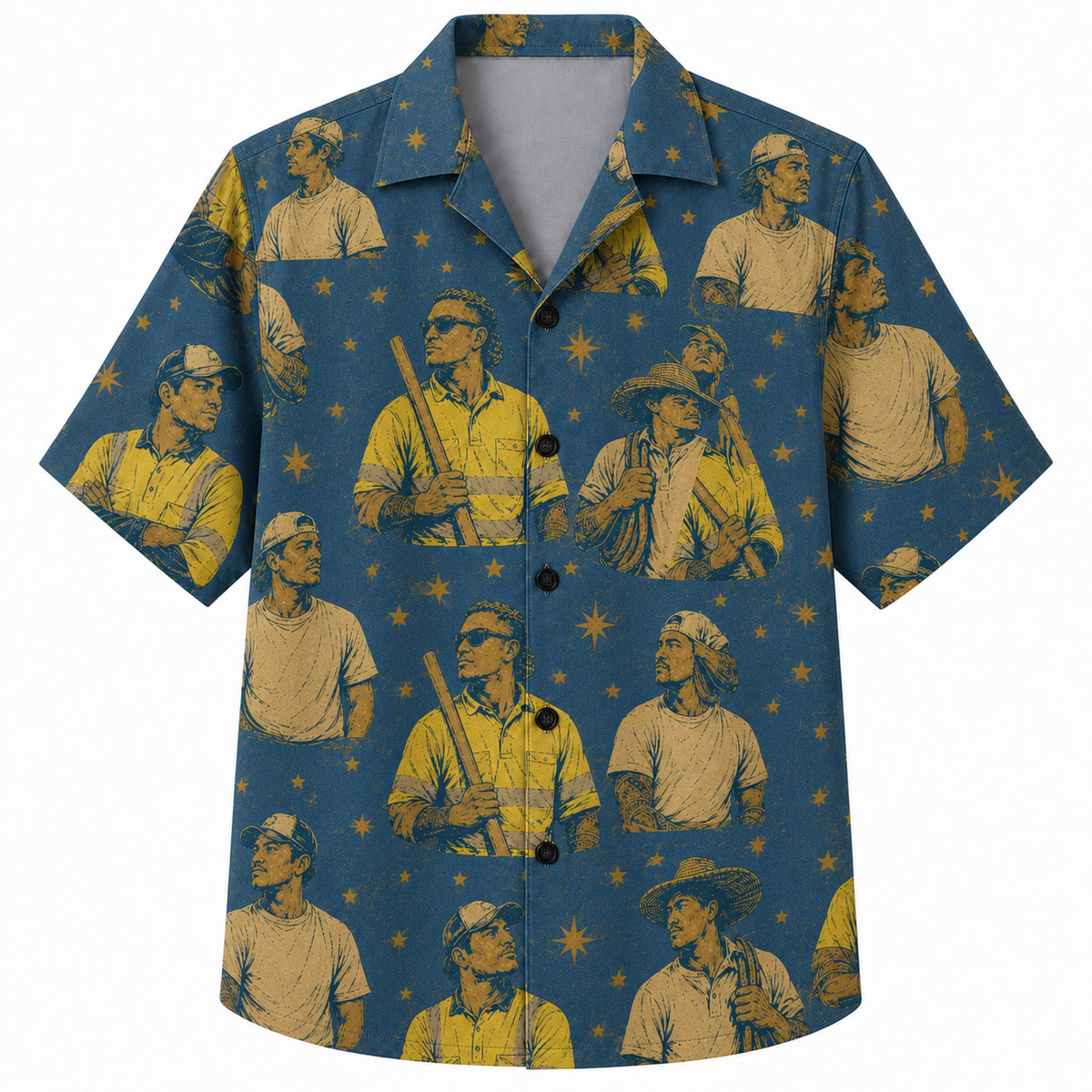 Labor Day Hawaiian Shirt- Golden Worker Portrait and Star Print in Blue