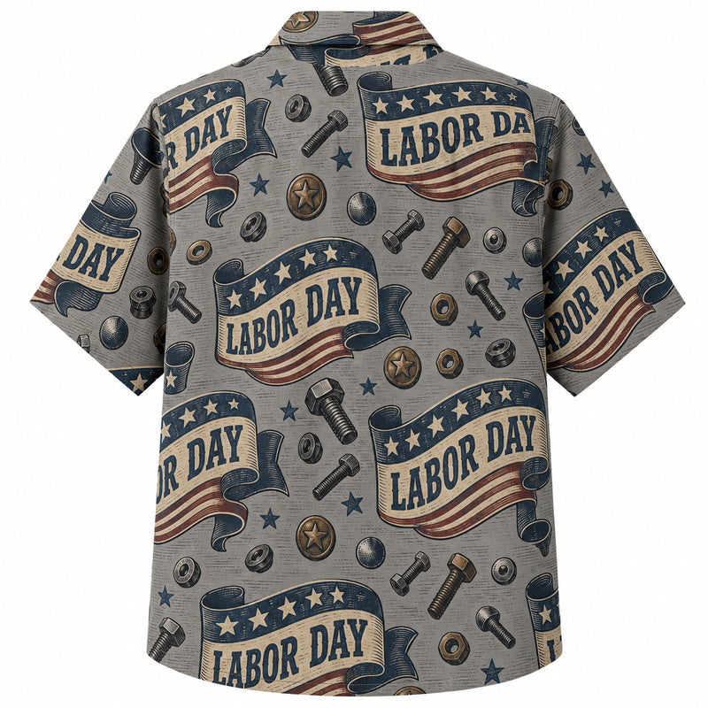 Labor Day Hawaiian Shirt- Gray Flag Banner Bolt and Star Print
