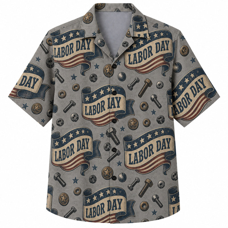 Labor Day Hawaiian Shirt- Gray Flag Banner Bolt and Star Print