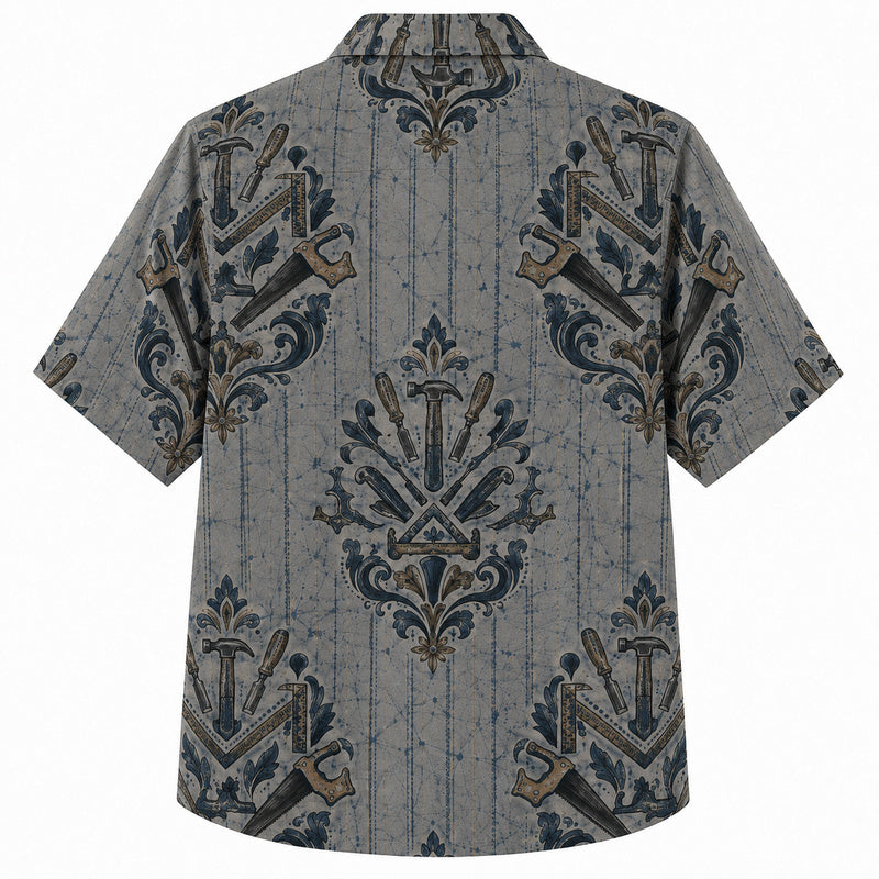 Labor Day Hawaiian Shirt- Gray Pinstripe and Crossed Tool Print