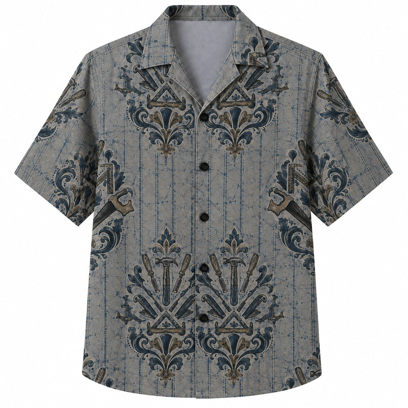 Labor Day Hawaiian Shirt- Gray Pinstripe and Crossed Tool Print