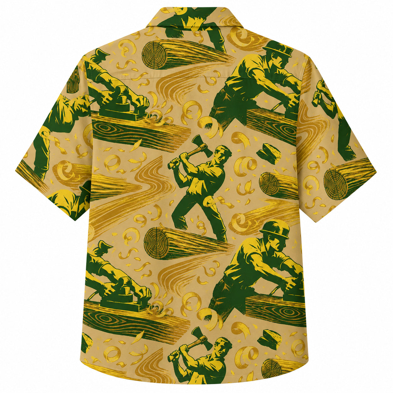 Labor Day Hawaiian Shirt- Green Lumberjack and Woodgrain Swirl in Gold