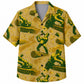 Labor Day Hawaiian Shirt- Green Lumberjack and Woodgrain Swirl in Gold