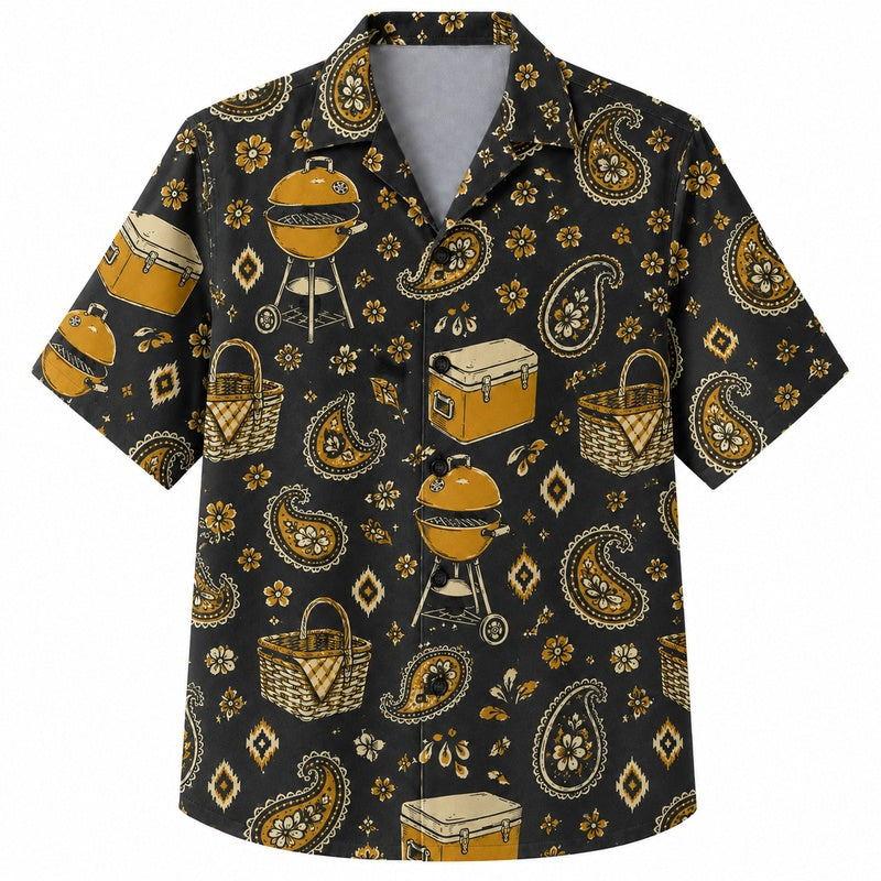 Labor Day Hawaiian Shirt- Grill Basket Paisley Print for Cookouts