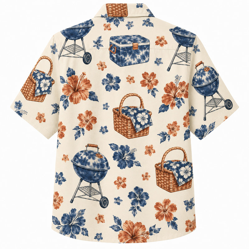 Labor Day Hawaiian Shirt- Grill Cooler and Hibiscus Picnic Print