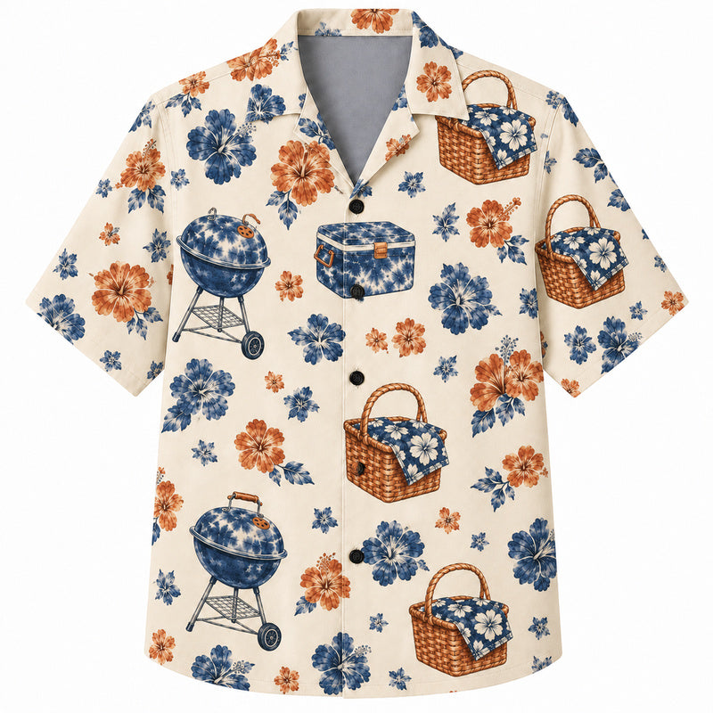 Labor Day Hawaiian Shirt- Grill Cooler and Hibiscus Picnic Print