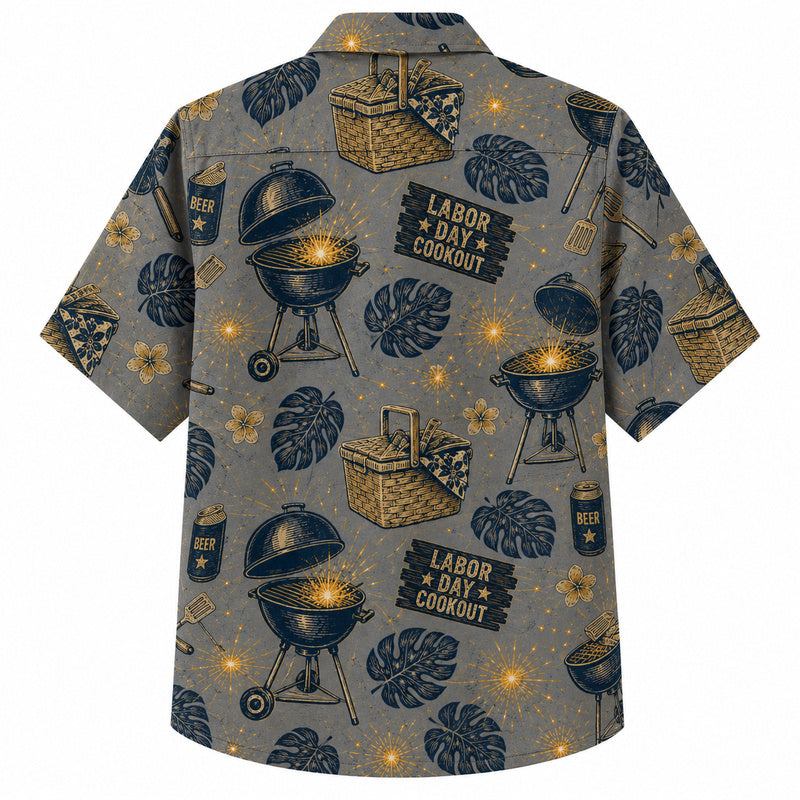 Labor Day Hawaiian Shirt- Grill Spark Picnic Basket Print for Workers