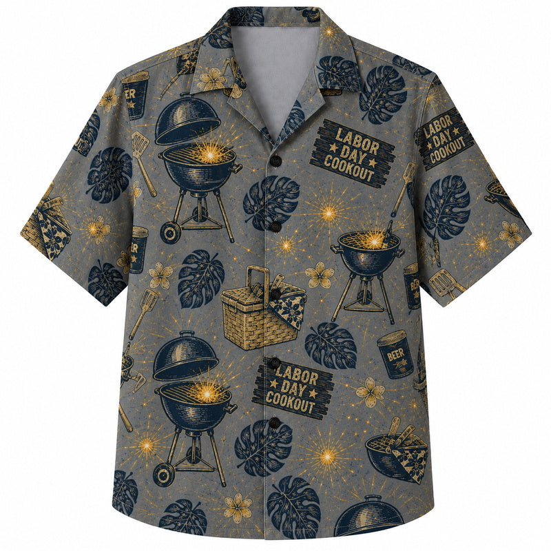 Labor Day Hawaiian Shirt- Grill Spark Picnic Basket Print for Workers
