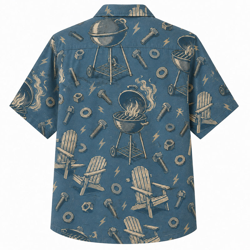 Labor Day Hawaiian Shirt- Grill and Adirondack Chair Bolt Print