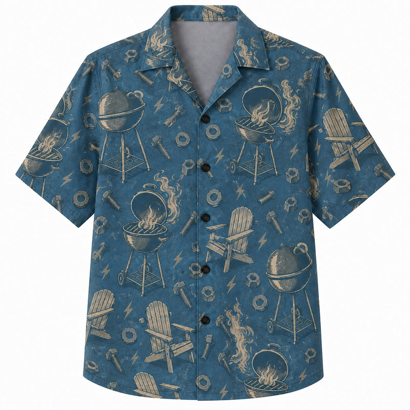 Labor Day Hawaiian Shirt- Grill and Adirondack Chair Bolt Print