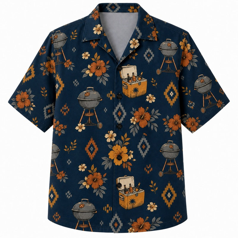 Labor Day Hawaiian Shirt- Grill and Bloom Aztec Print for Cookouts