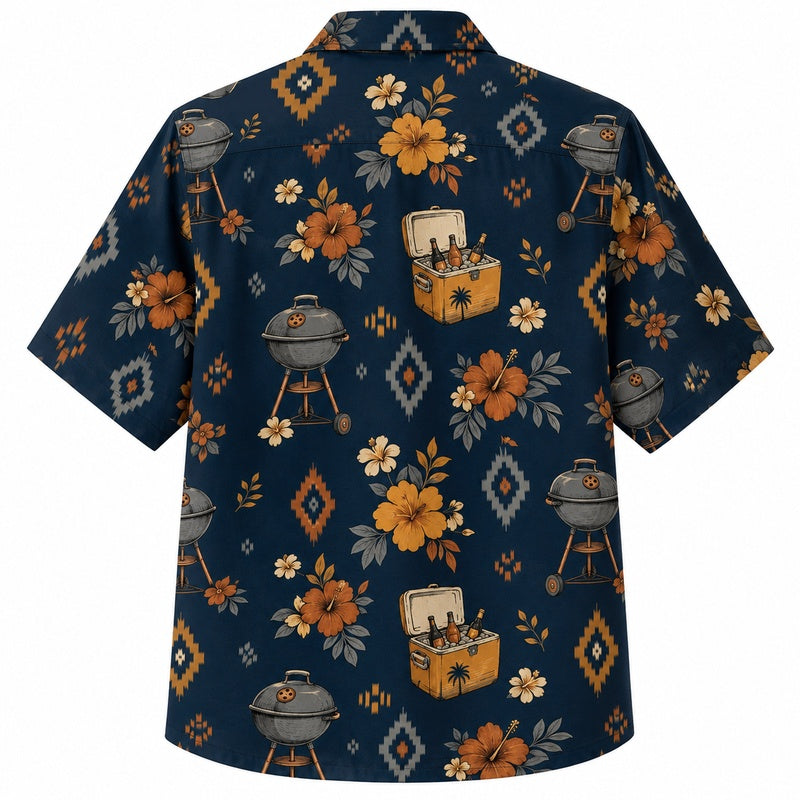 Labor Day Hawaiian Shirt- Grill and Bloom Aztec Print for Cookouts