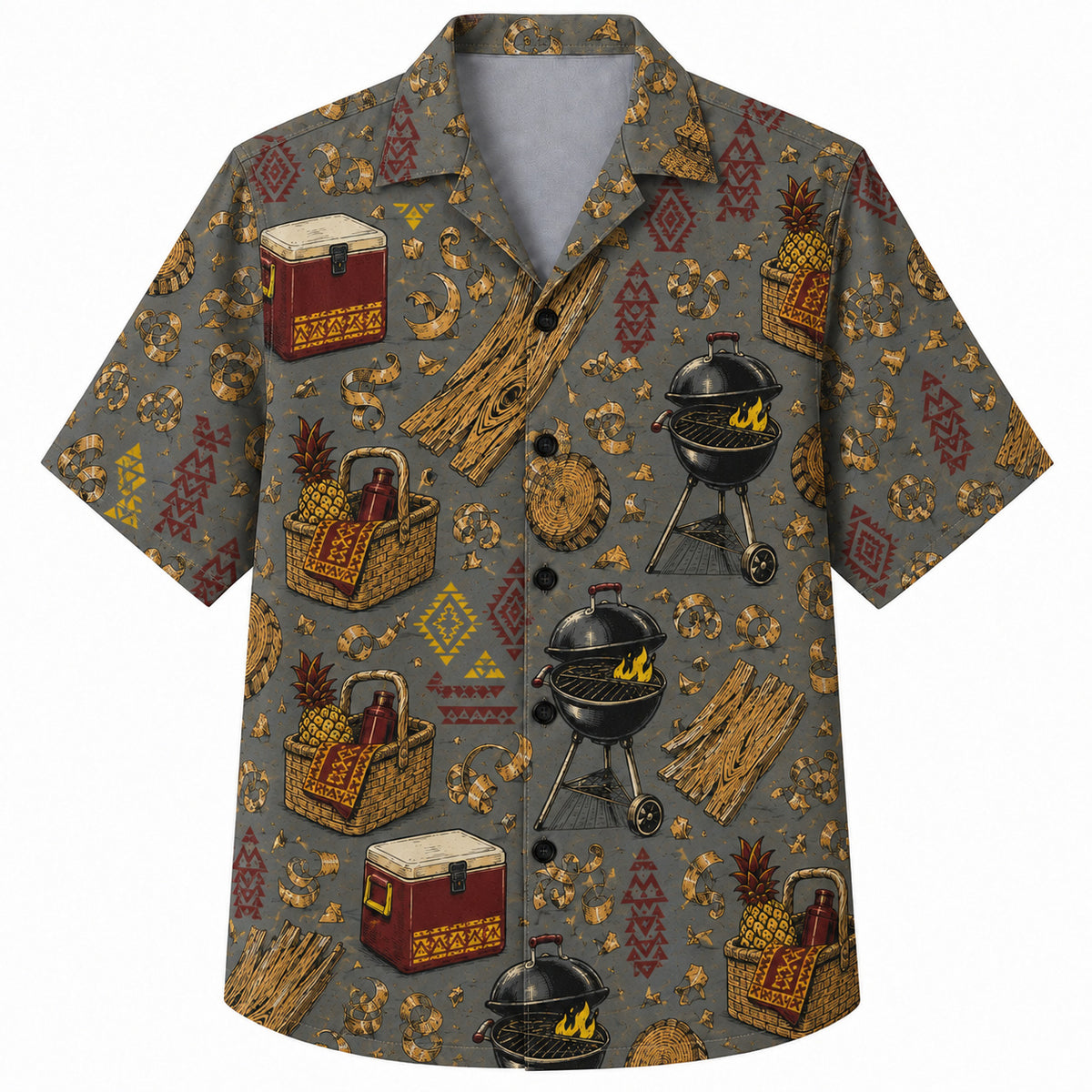 Labor Day Hawaiian Shirt- Grill and Cooler Cookout Print in Slate Grey