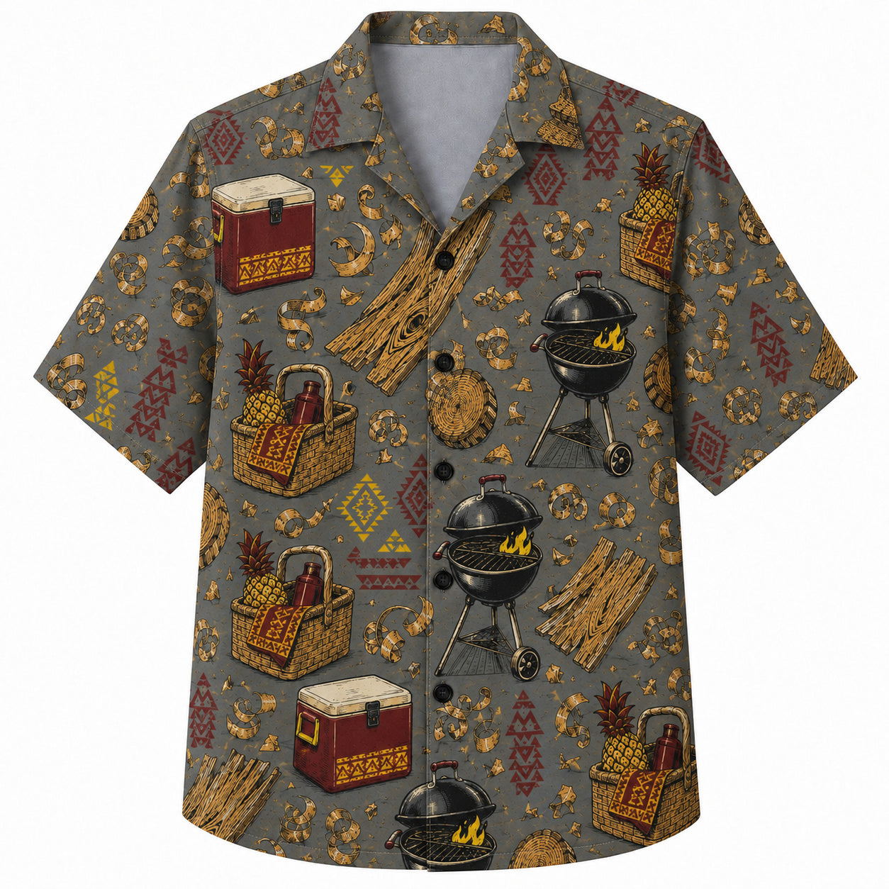 Labor Day Hawaiian Shirt- Grill and Cooler Cookout Print in Slate Grey