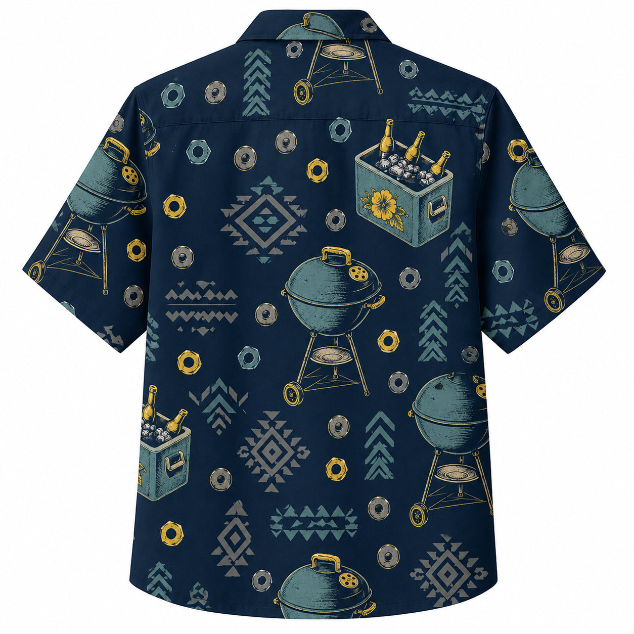 Labor Day Hawaiian Shirt- Grill and Cooler Southwest Geometric in Navy
