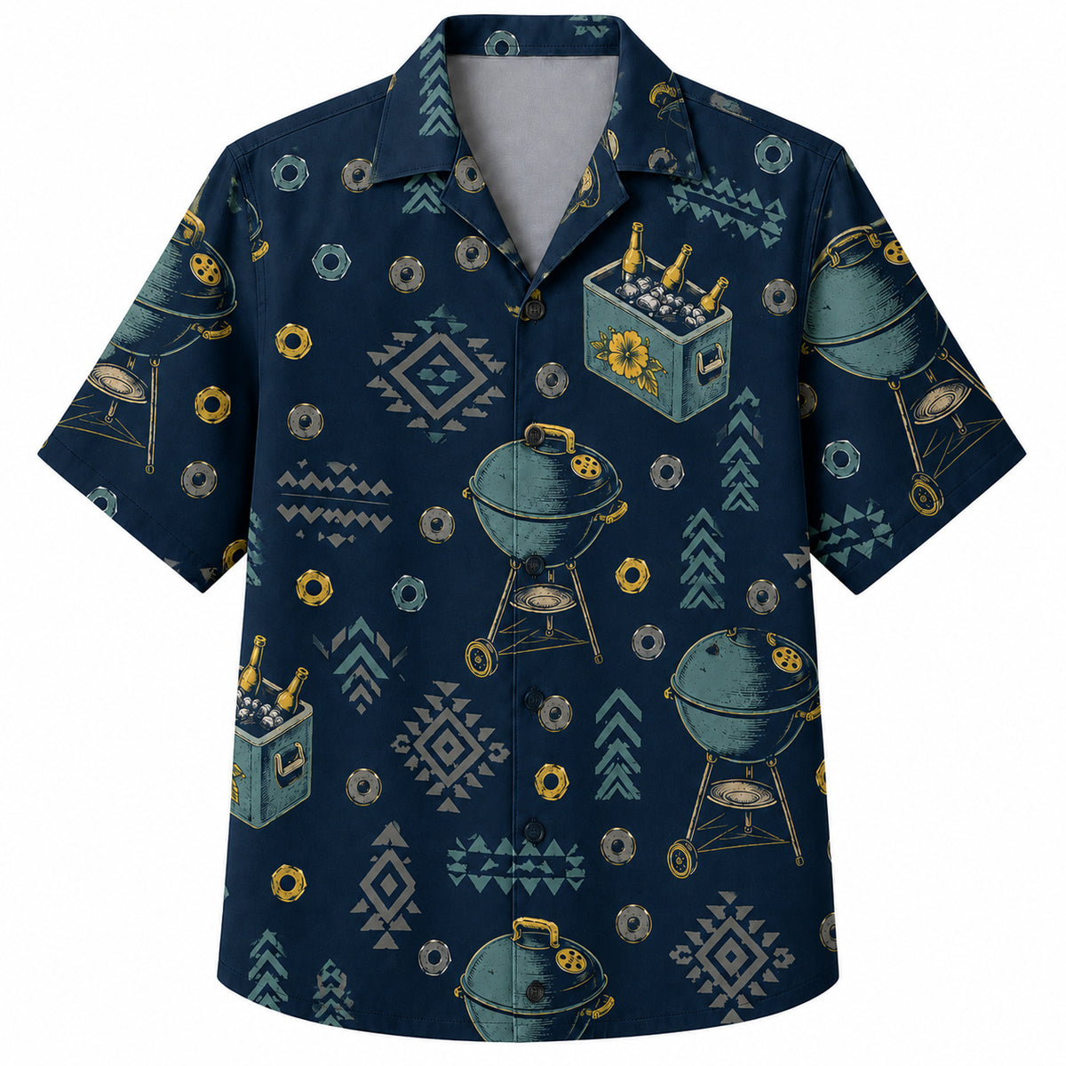 Labor Day Hawaiian Shirt- Grill and Cooler Southwest Geometric in Navy