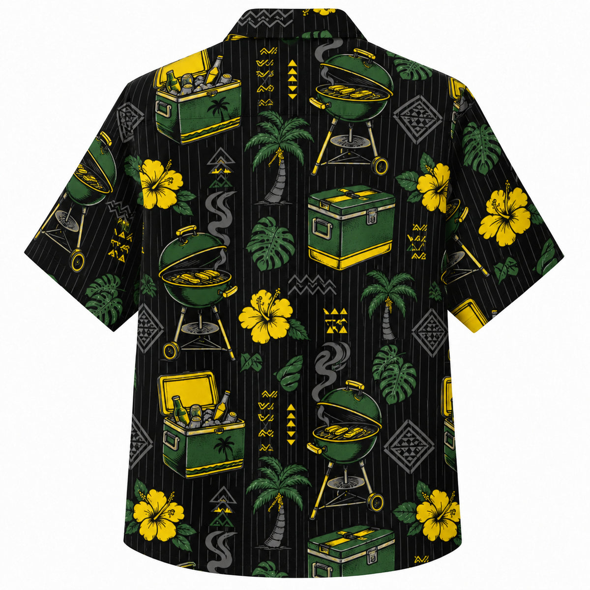 Labor Day Hawaiian Shirt- Grill and Palm Pinstripe Cookout in Black