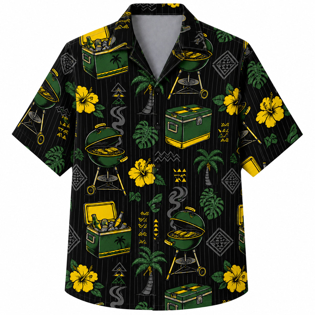 Labor Day Hawaiian Shirt- Grill and Palm Pinstripe Cookout in Black