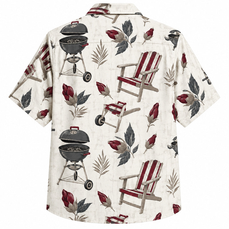 Labor Day Hawaiian Shirt- Grill and Striped Chair Bloom Print