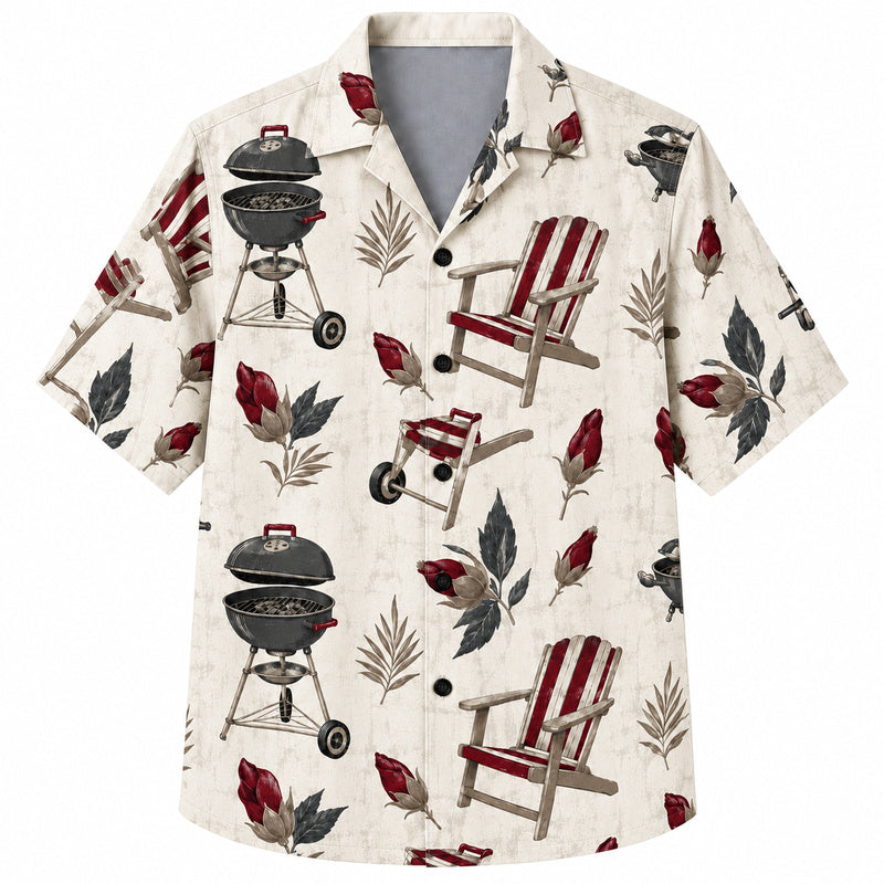 Labor Day Hawaiian Shirt- Grill and Striped Chair Bloom Print