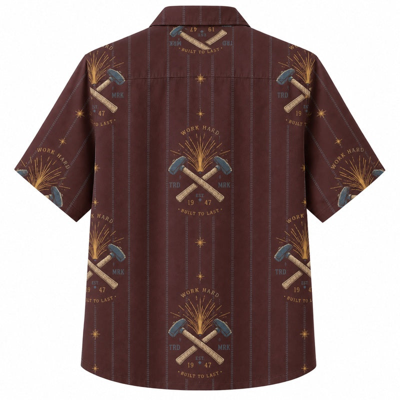 Labor Day Hawaiian Shirt Hammer Crest Maroon Print for the Holiday