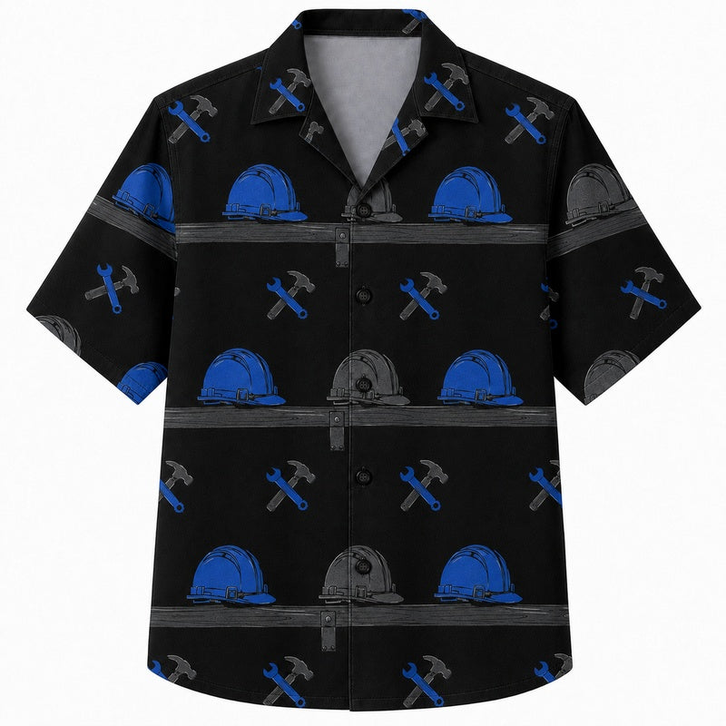 Labor Day Hawaiian Shirt Hammer Helmet Black Print for the Holiday