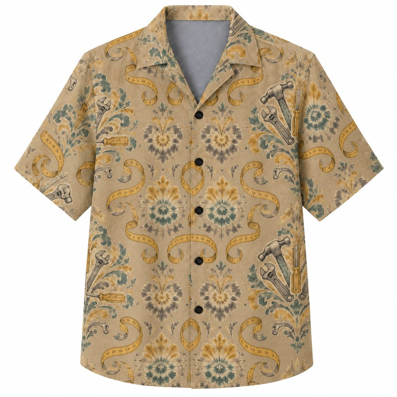 Labor Day Hawaiian Shirt- Hammer Ribbon Damask Print for Men