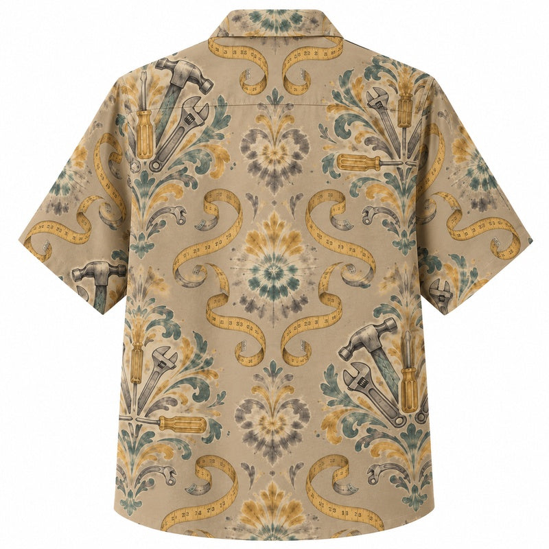 Labor Day Hawaiian Shirt- Hammer Ribbon Damask Print for Men