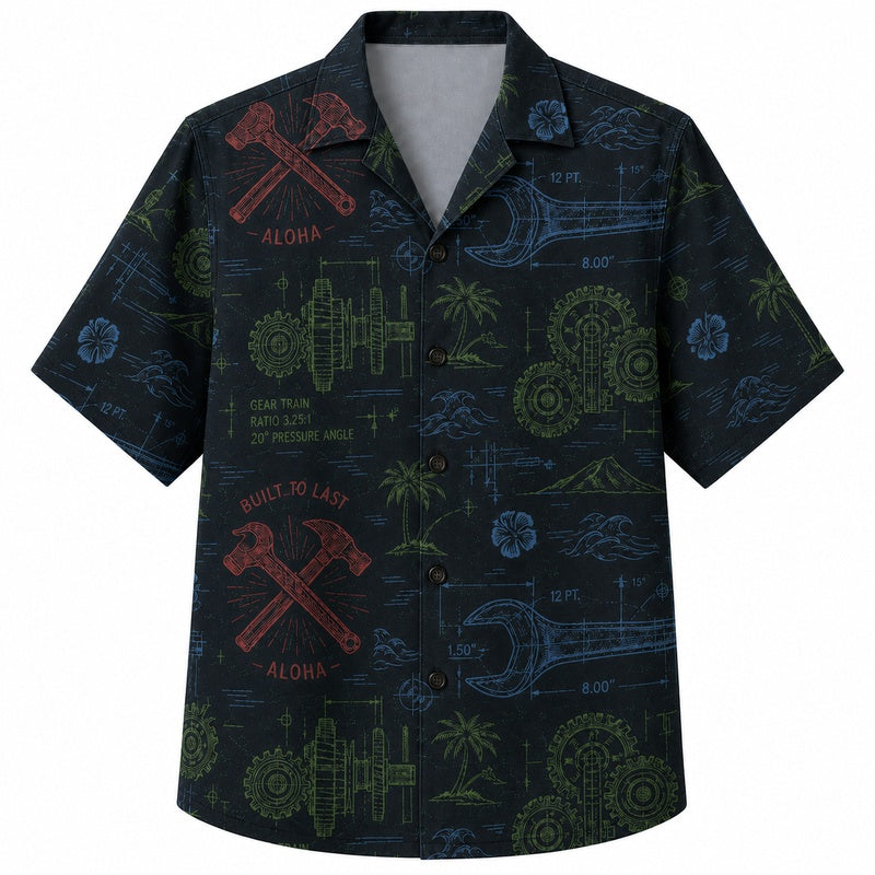 Labor Day Hawaiian Shirt Hammer Wrench Emblem Black Print for the Holiday