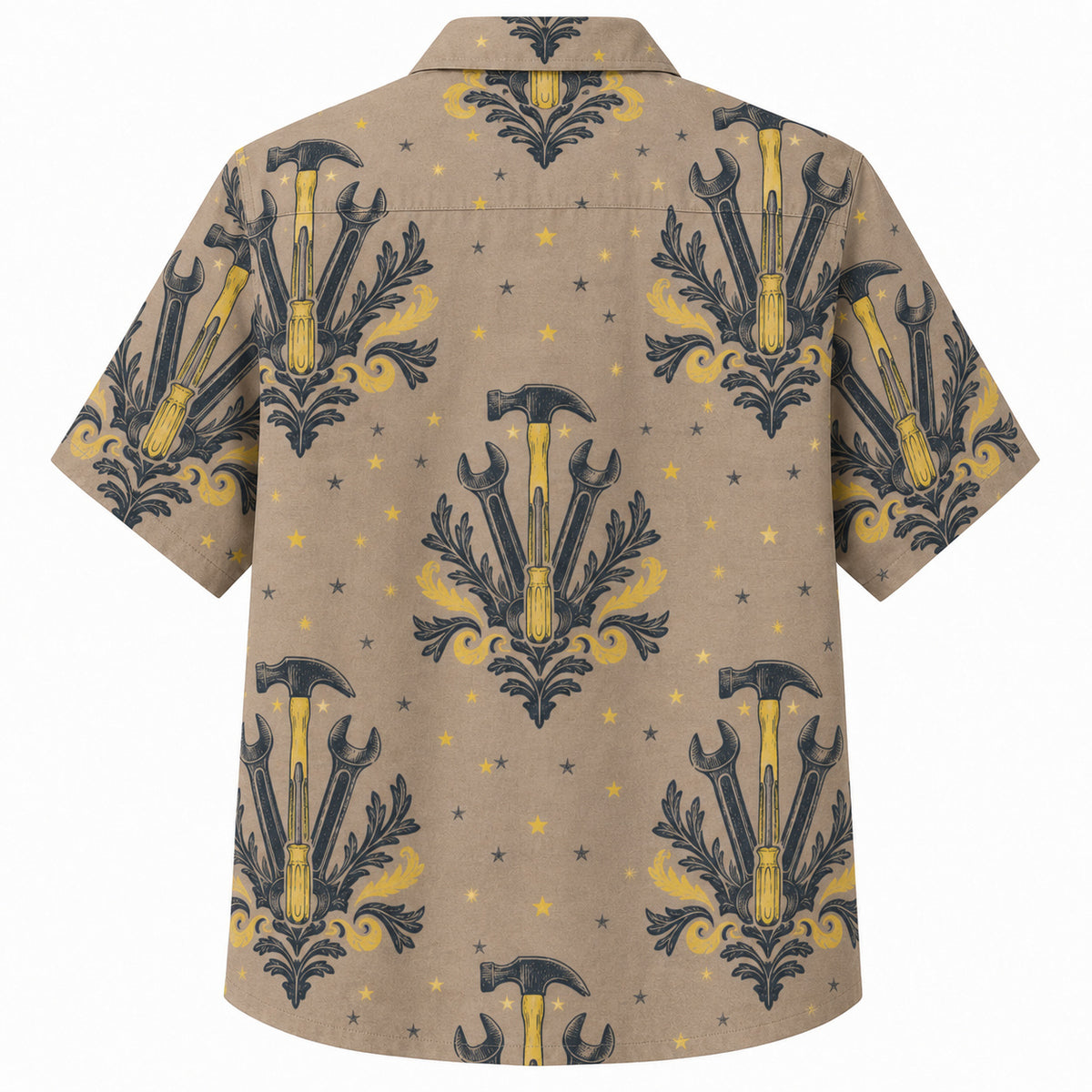 Labor Day Hawaiian Shirt- Hammer and Wrench Damask Crest in Taupe