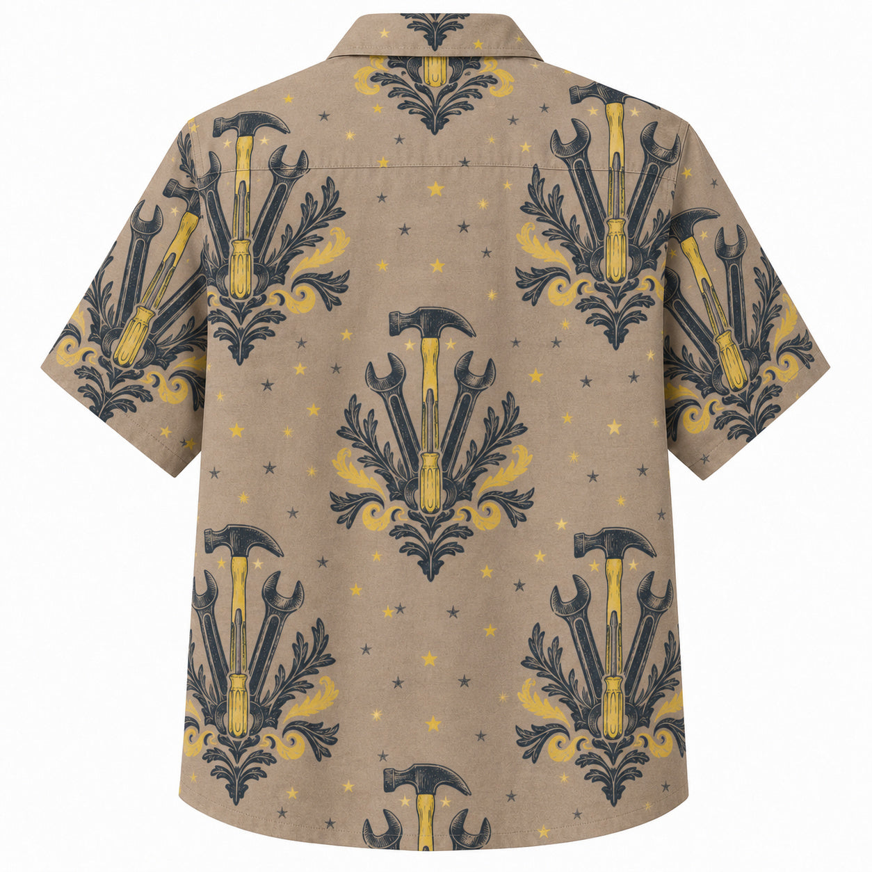 Labor Day Hawaiian Shirt- Hammer and Wrench Damask Crest in Taupe