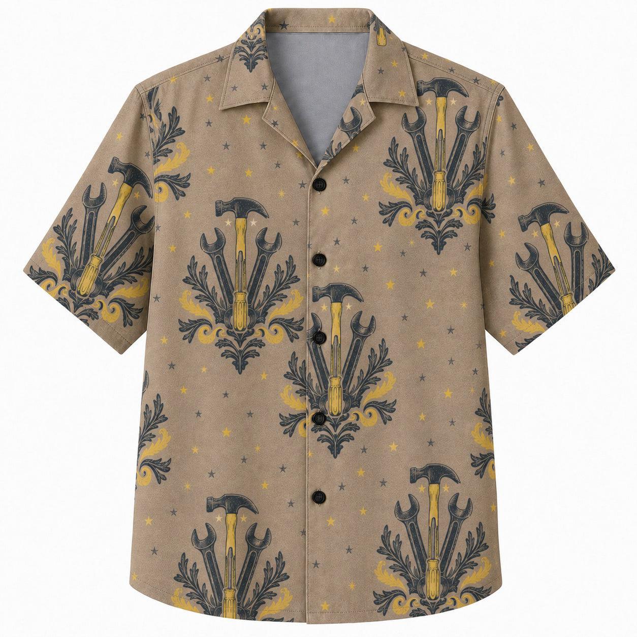Labor Day Hawaiian Shirt- Hammer and Wrench Damask Crest in Taupe