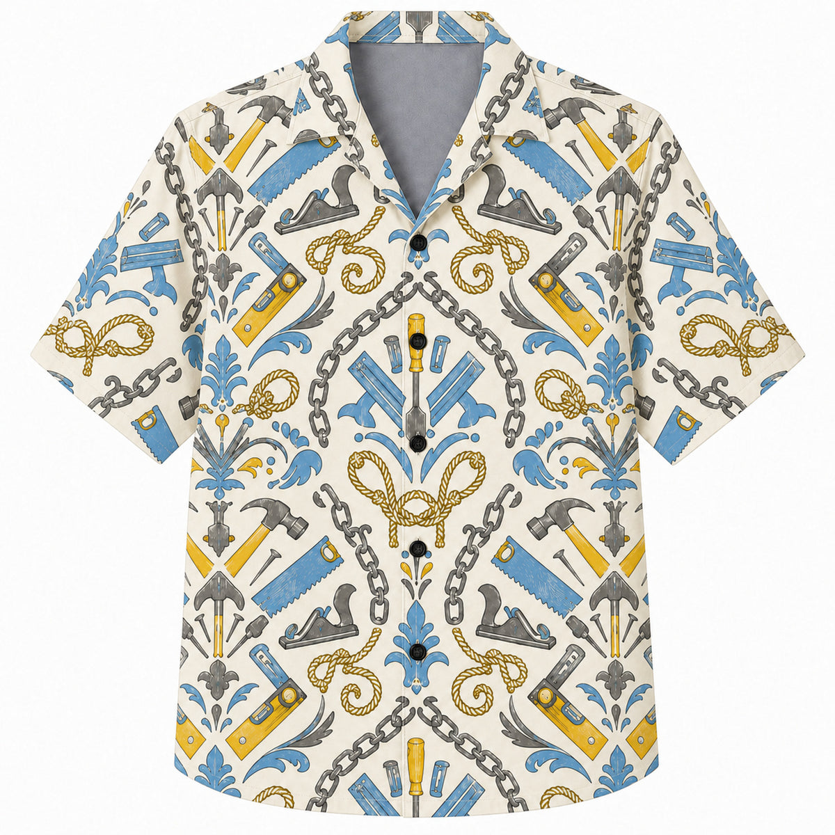 Labor Day Hawaiian Shirt- Handsaw and Chain Damask Print in Cream