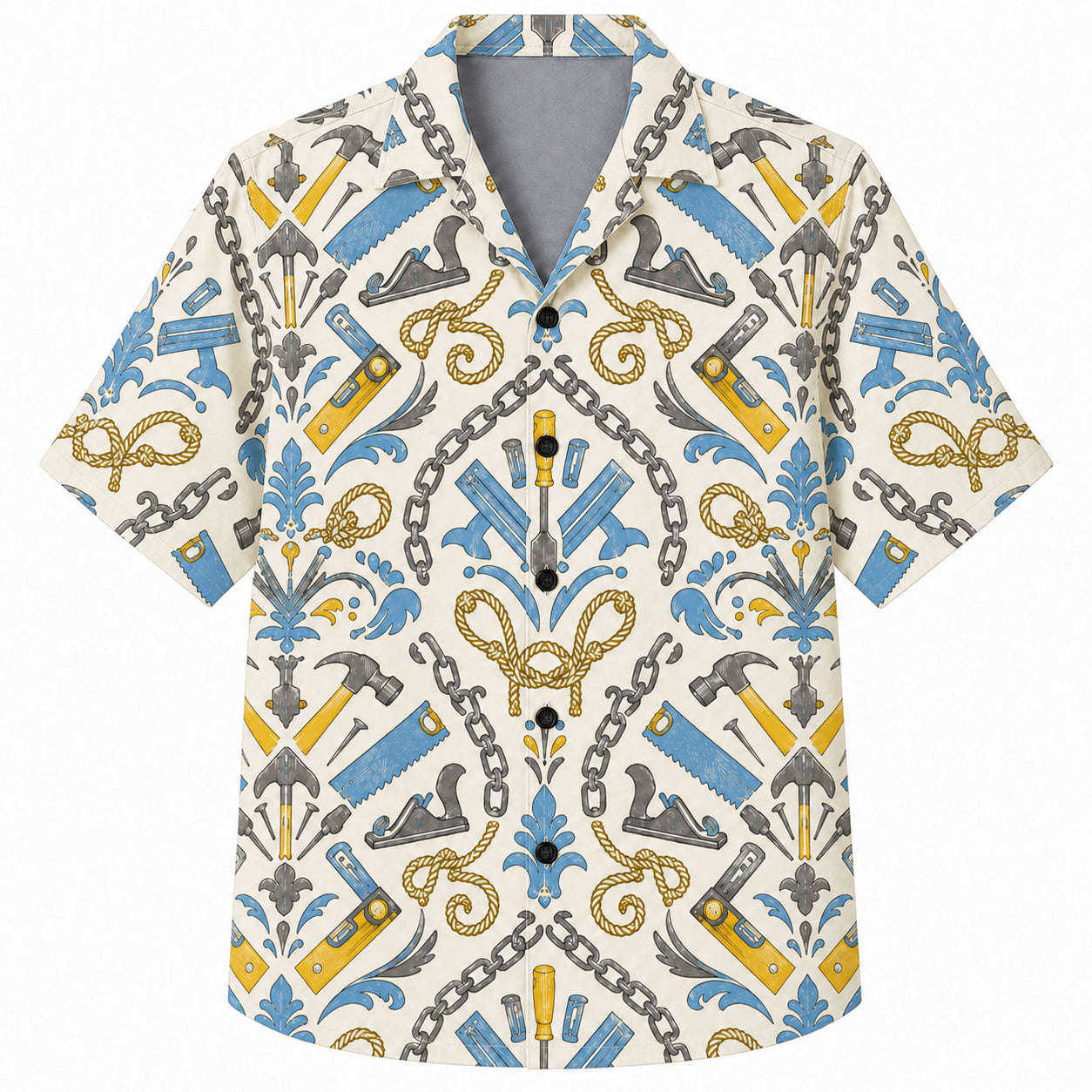 Labor Day Hawaiian Shirt- Handsaw and Chain Damask Print in Cream