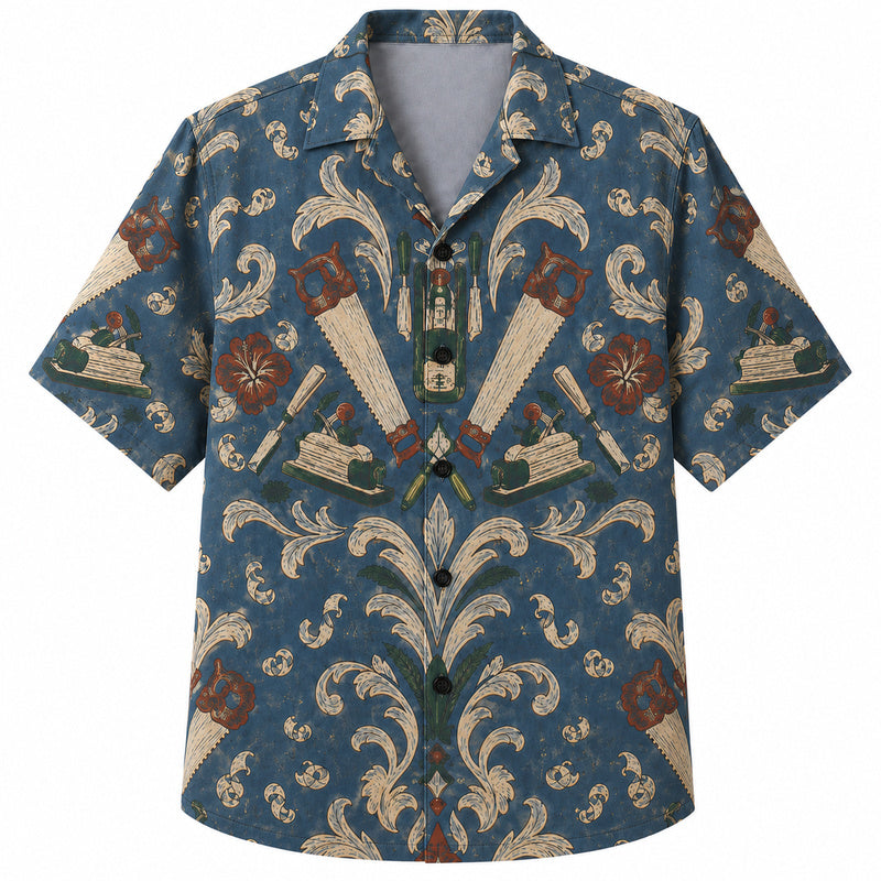 Labor Day Hawaiian Shirt- Handsaw and Hand Plane Damask Print